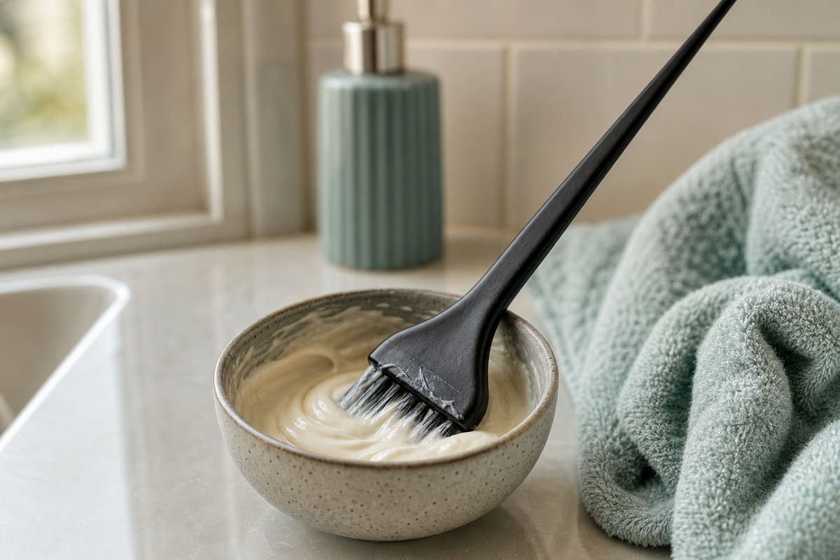 Pinceau et bol de coloration capillaire posés sur un plan de salle de bain clair