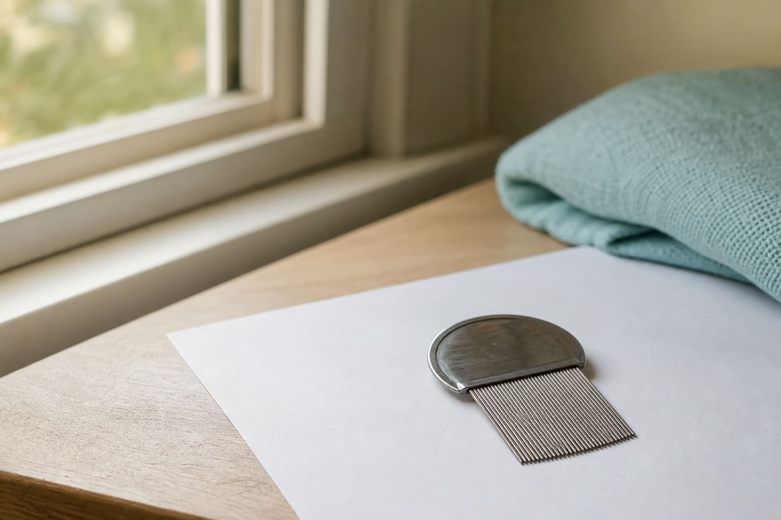 Peigne à dents fines posé sur une feuille de papier blanche près d'une fenêtre