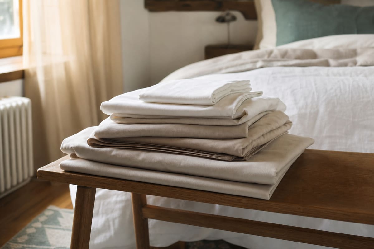 Linge de lit propre plié dans une chambre, en lien avec la survie des poux hors du cuir chevelu