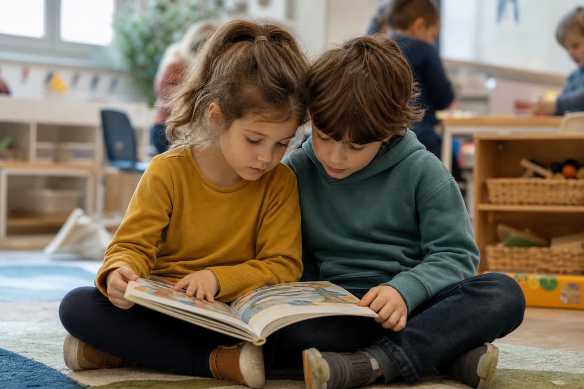 Deux enfants tête contre tête en train de lire, illustrant le principal mode de transmission des poux