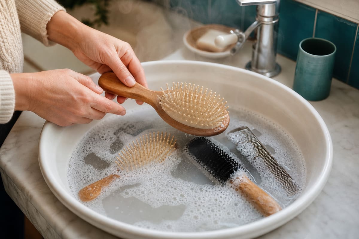Brosses et peigne à poux trempant dans de l'eau chaude savonneuse