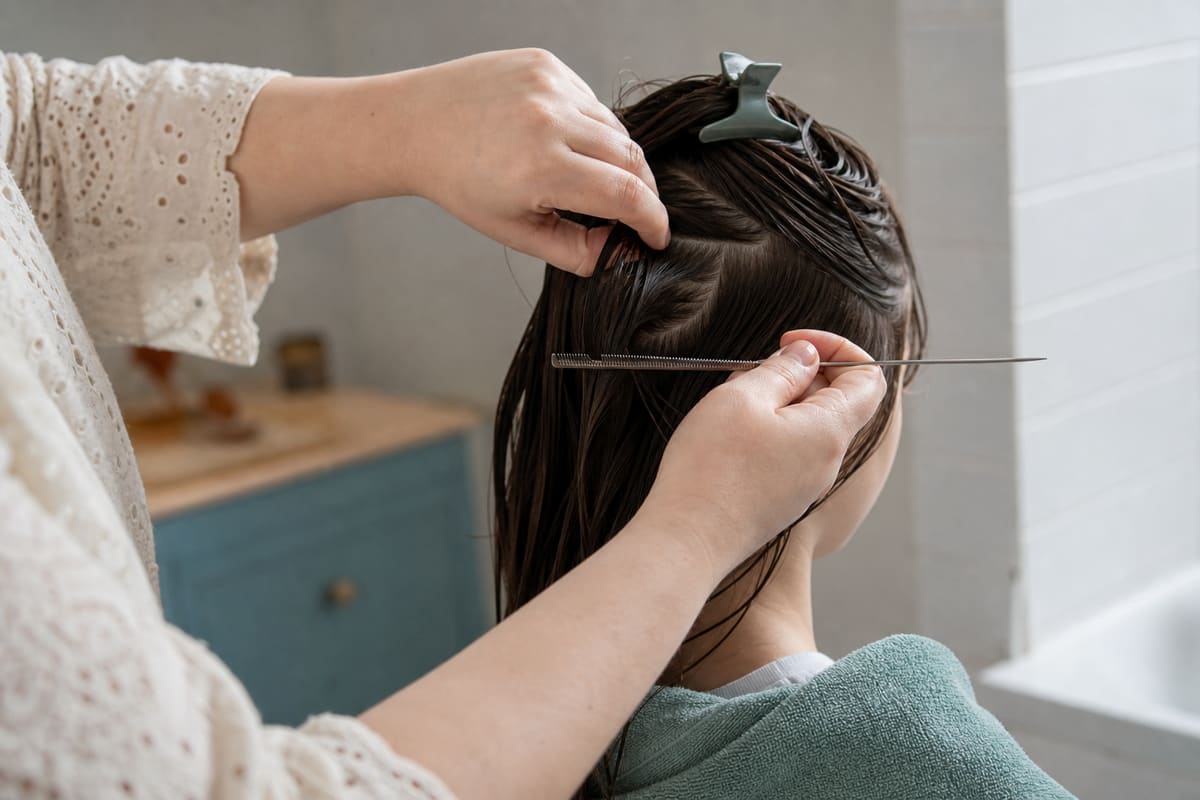 Cheveux sectionnés en mèches avec une pince avant le peignage pour enlever les lentes