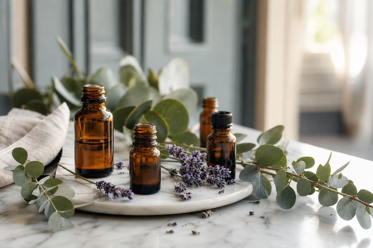 Flacons d'huiles essentielles et plantes aromatiques, souvent proposés contre les poux