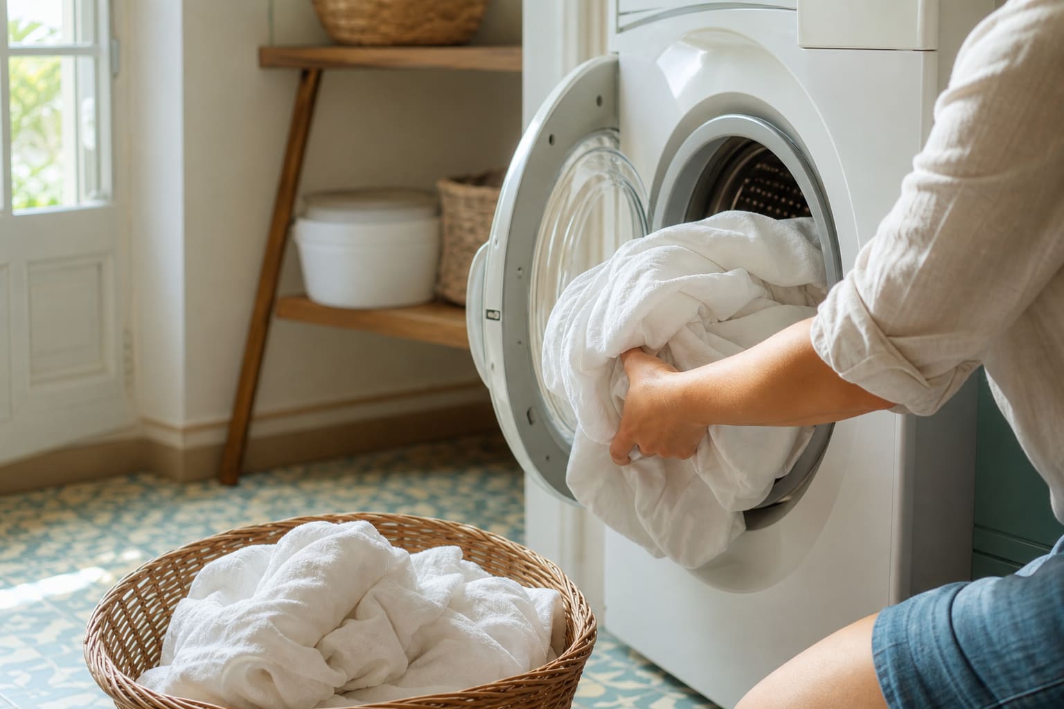 Machine à laver chargée de draps et serviettes lors d'un épisode de poux