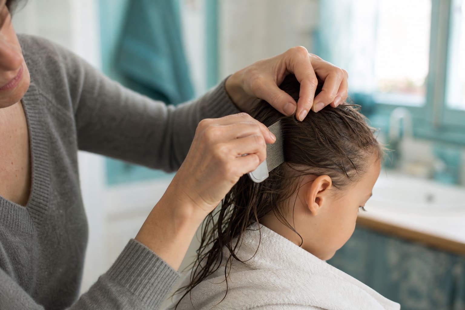 Parent peignant les cheveux mouillés d’un enfant avec un peigne à dents fines