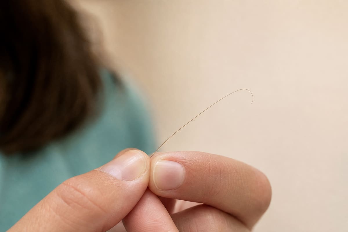 Mèche de cheveux examinée en lumière naturelle, illustrant l'échelle microscopique du pou de tête
