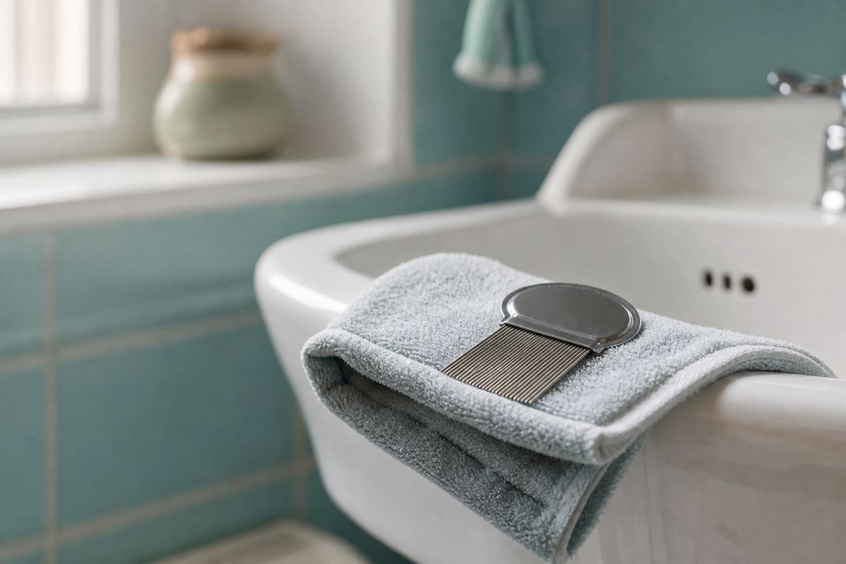 Peigne fin en métal et serviette claire posés au bord d'un lavabo de salle de bains