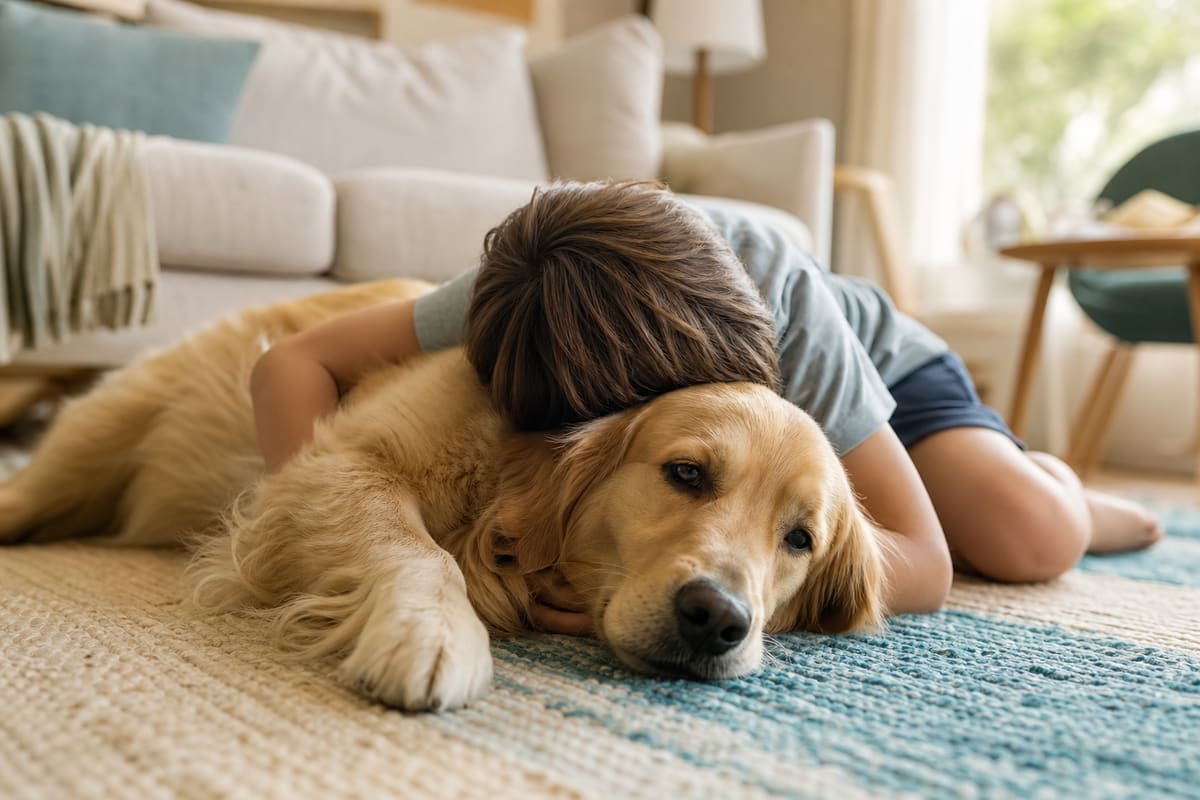 Enfant câlinant son chien, illustrant que les animaux ne transmettent pas les poux de tête