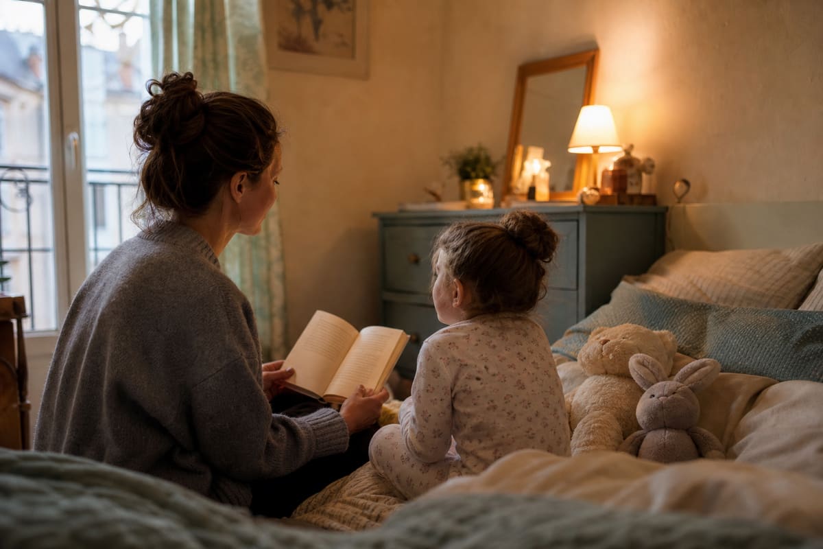 Jeune baby-sitter lisant une histoire du soir à un enfant en pyjama sur un lit