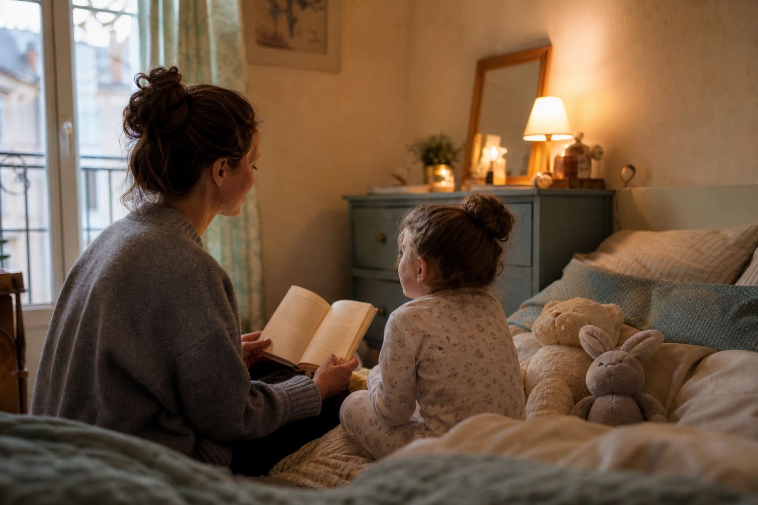 Jeune baby-sitter lisant une histoire du soir à un enfant en pyjama sur un lit