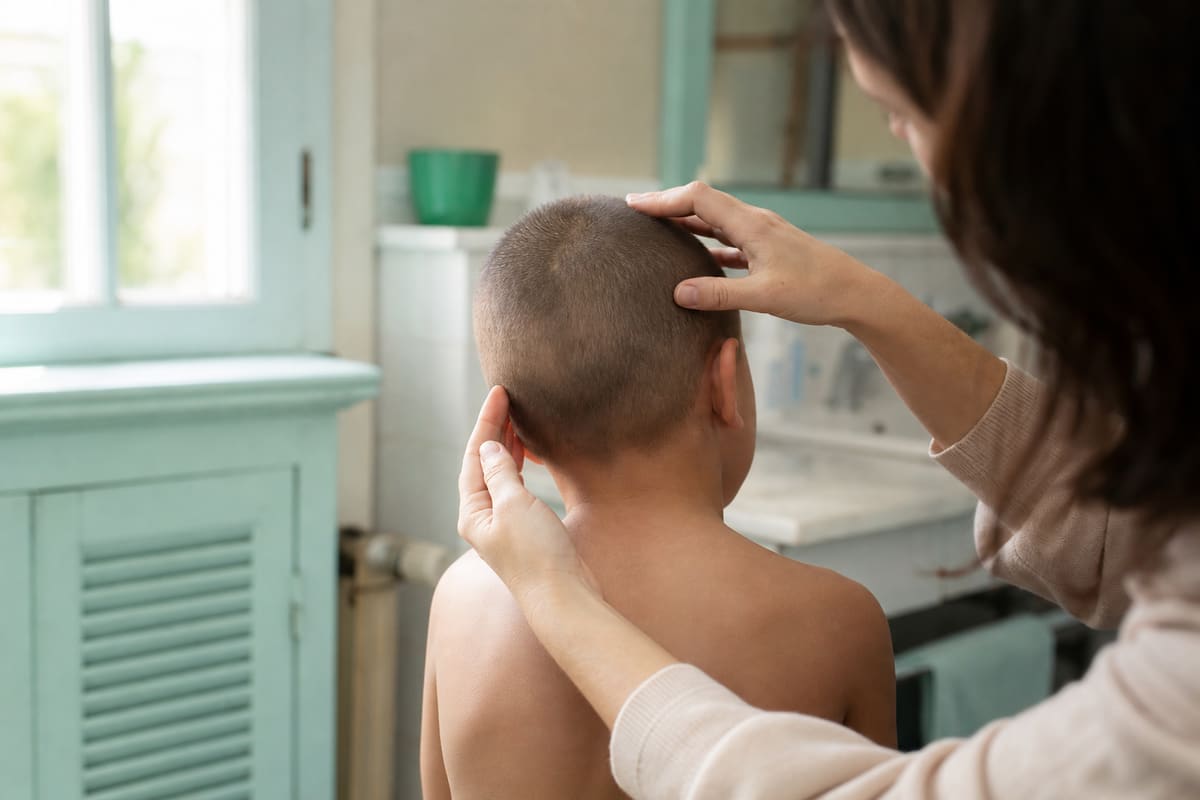 Coupe de cheveux courte d'un enfant examinée à la lumière naturelle près d'une fenêtre