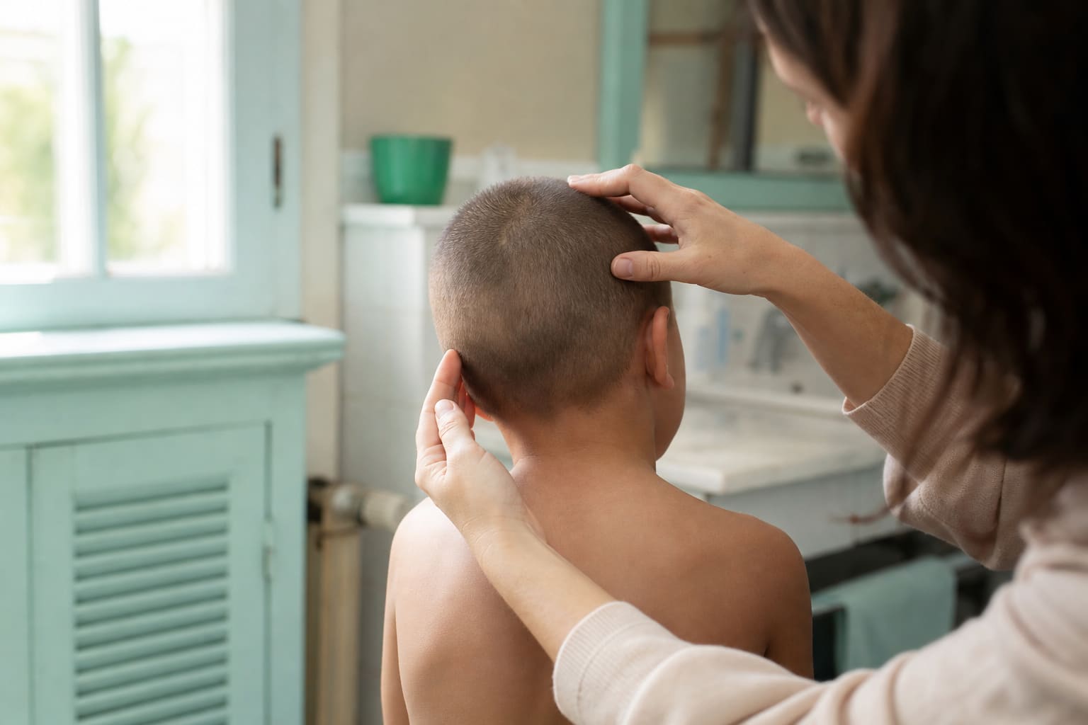 Coupe de cheveux courte d'un enfant examinée à la lumière naturelle près d'une fenêtre