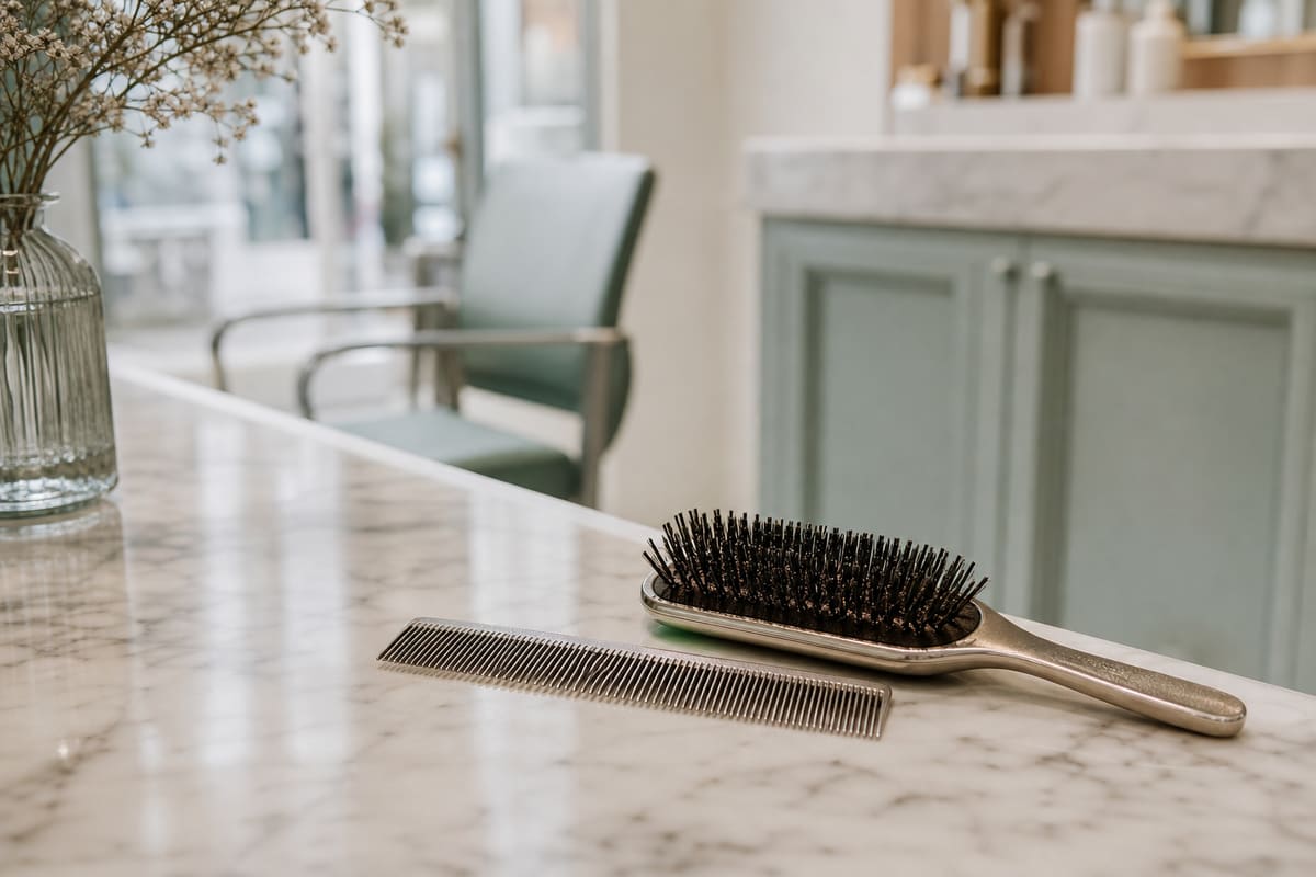 Peigne et brosse de coiffeur posés sur un plan de travail, lumière naturelle douce