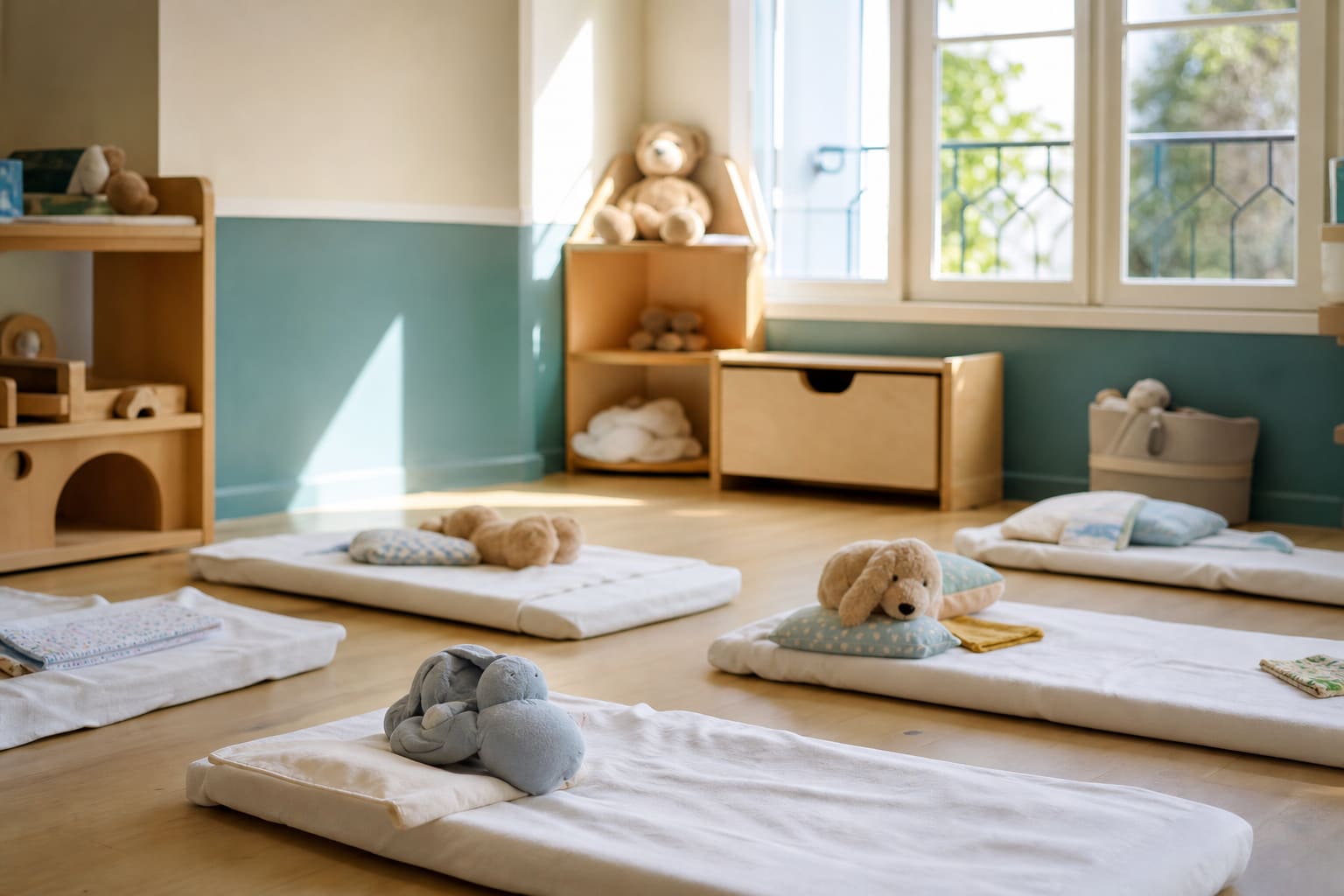 Salle de sieste en crèche, contexte de promiscuité favorable à la transmission des poux