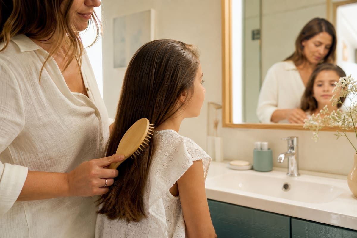 Parent brossant les cheveux propres de son enfant, rappelant que les poux ne sont pas liés à l'hygiène