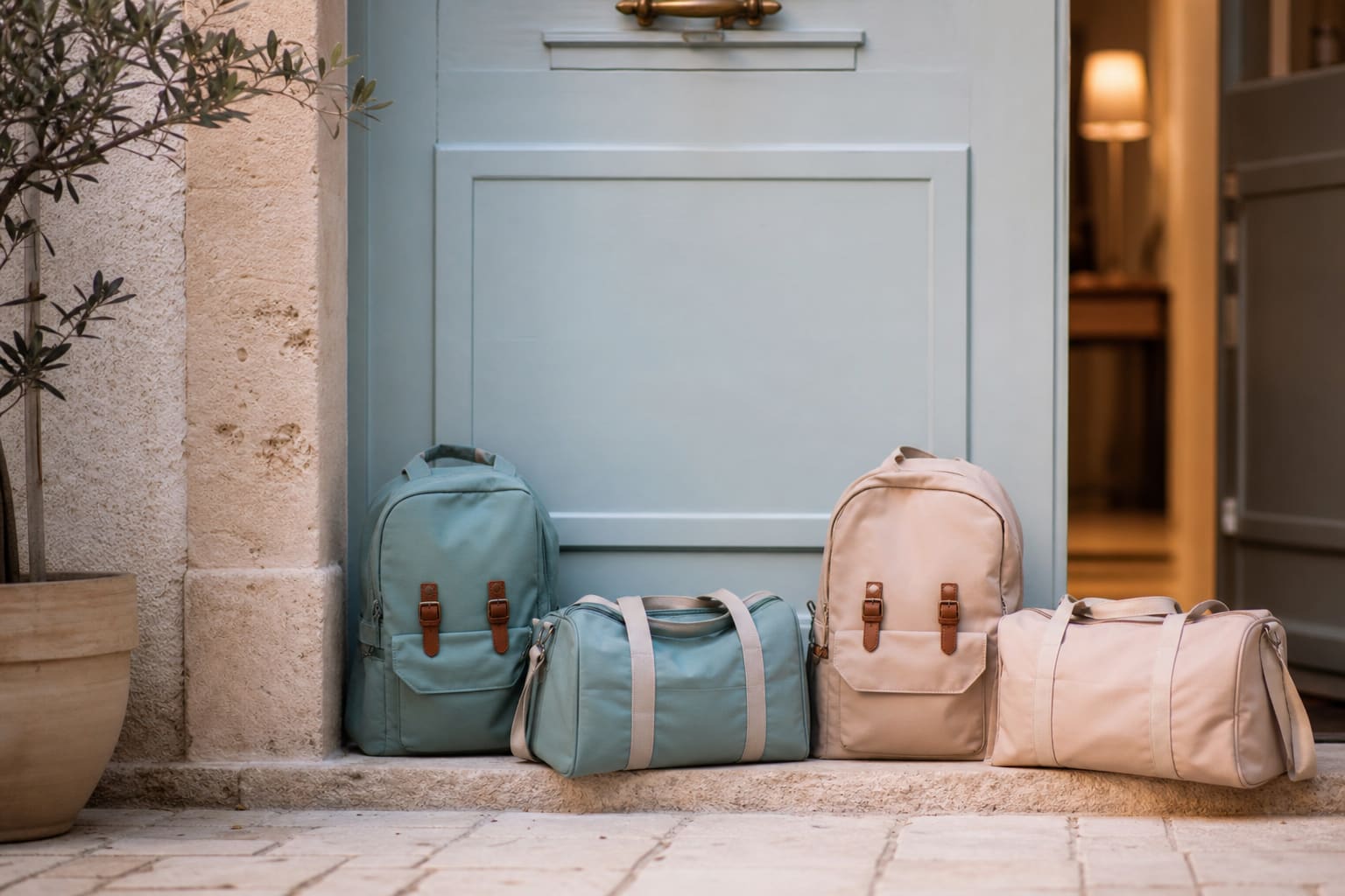 Deux sacs d'enfant préparés près de la porte d'entrée, veille d'un changement de maison