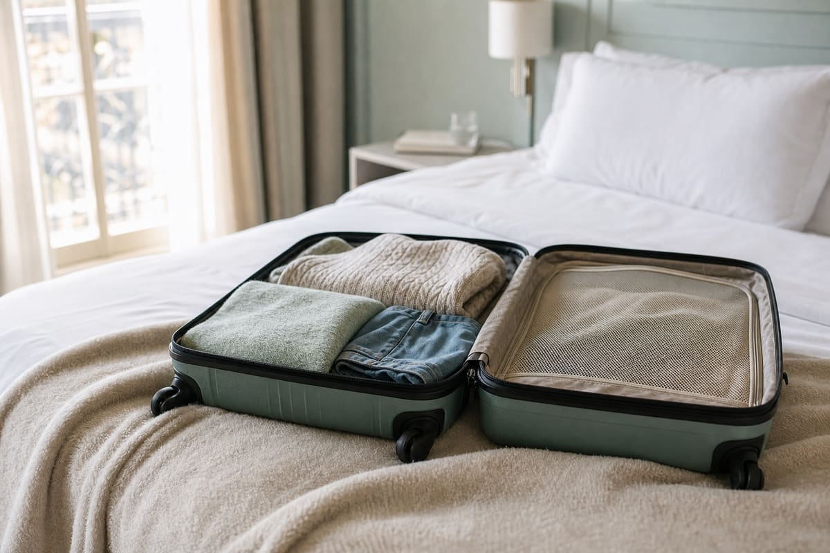 Oreillers blancs et valise ouverte sur un lit d'hôtel dans une lumière douce