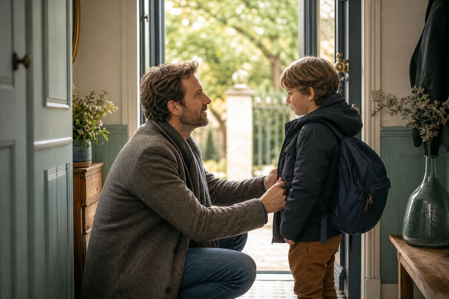 Parent parlant avec bienveillance à son enfant avant l’école, cartable sur l’épaule
