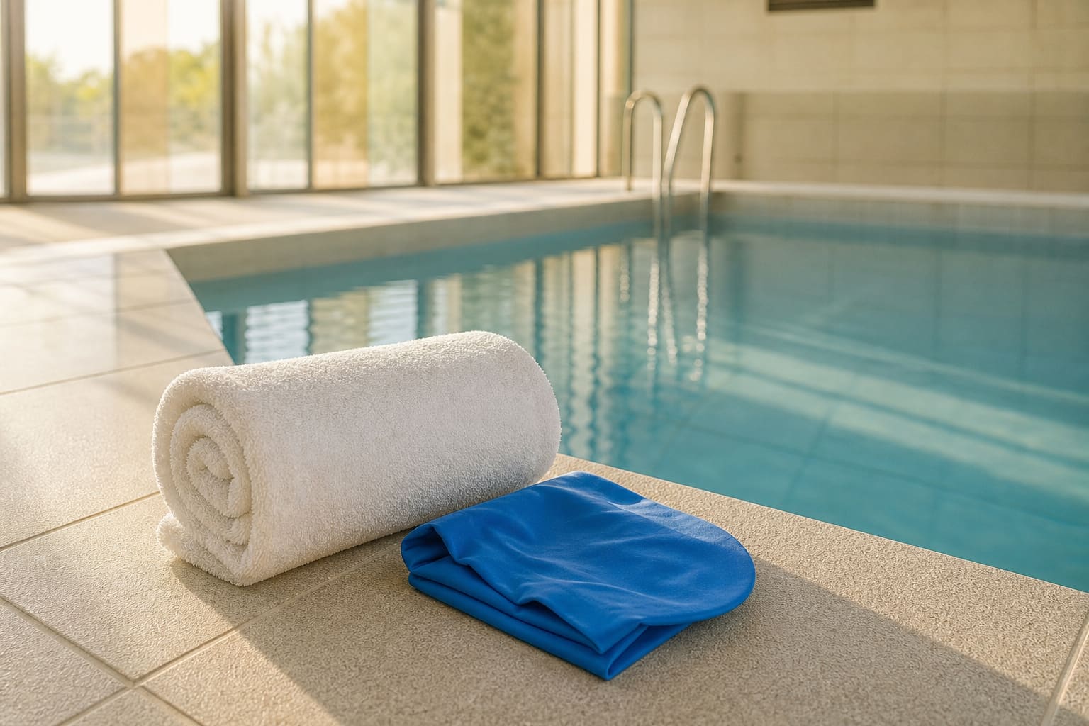 Bonnet de bain bleu et serviette blanche pliés au bord d'une piscine lumineuse
