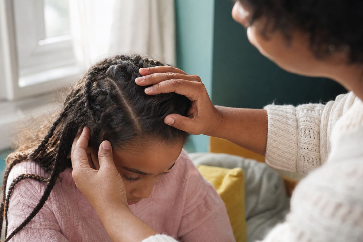 Parent examinant les racines d’une tresse près d’une fenêtre lumineuse