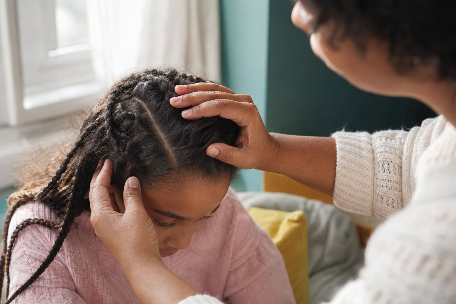 Parent examinant les racines d’une tresse près d’une fenêtre lumineuse