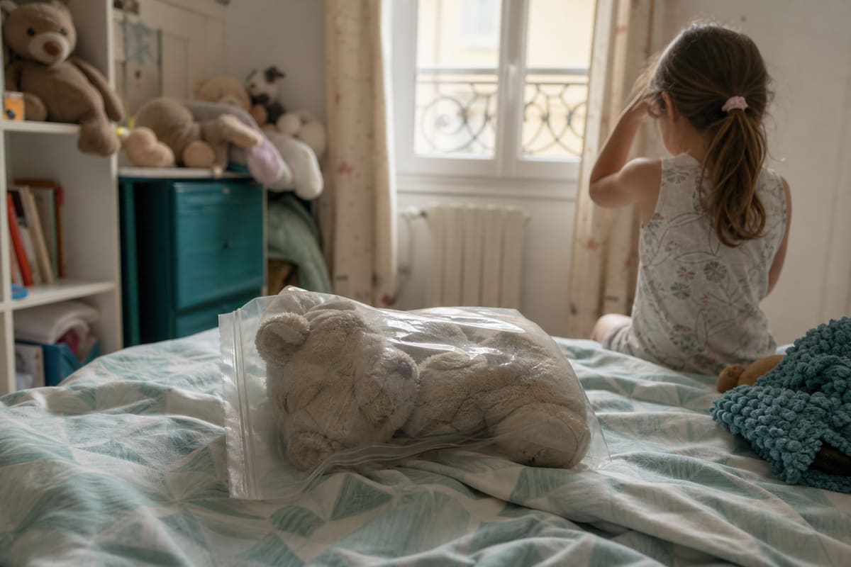 Doudou placé en quarantaine dans un sac hermétique pendant un épisode de poux