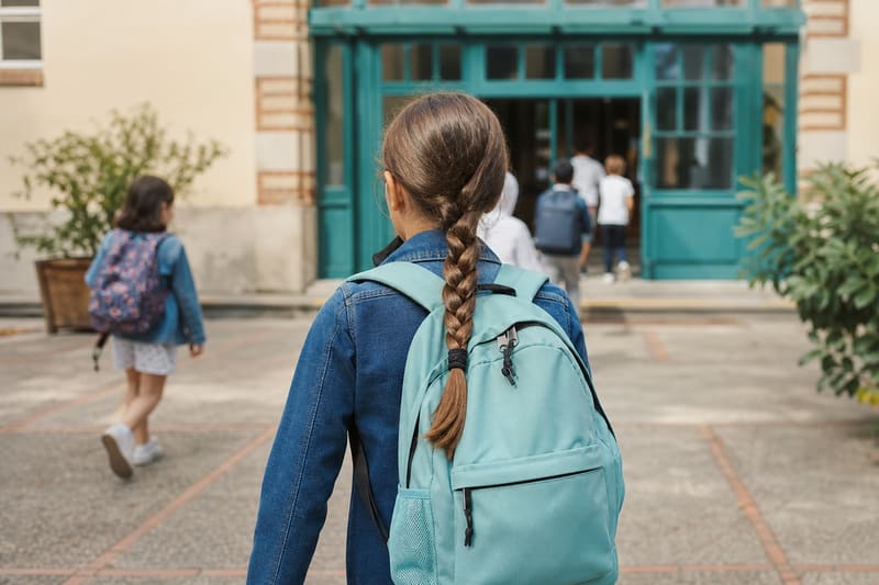 Enfant aux cheveux tressés arrivant à l'école, geste simple de réduction du risque de poux