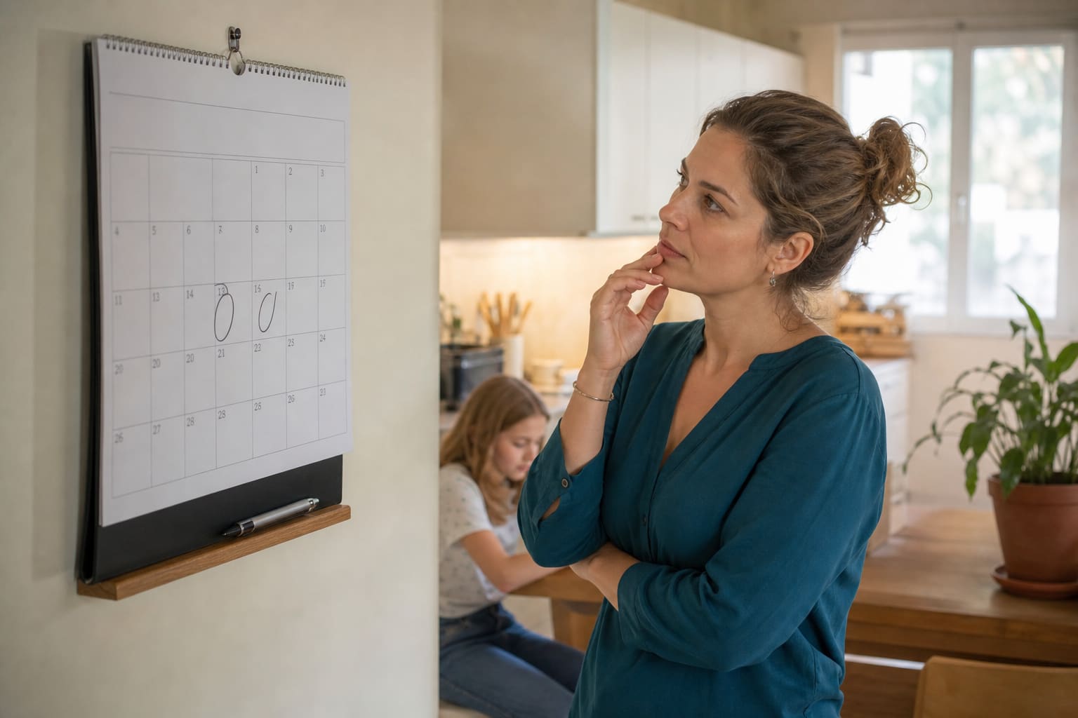 Calendrier mural avec des dates entourées, symbolisant le protocole de traitement des poux