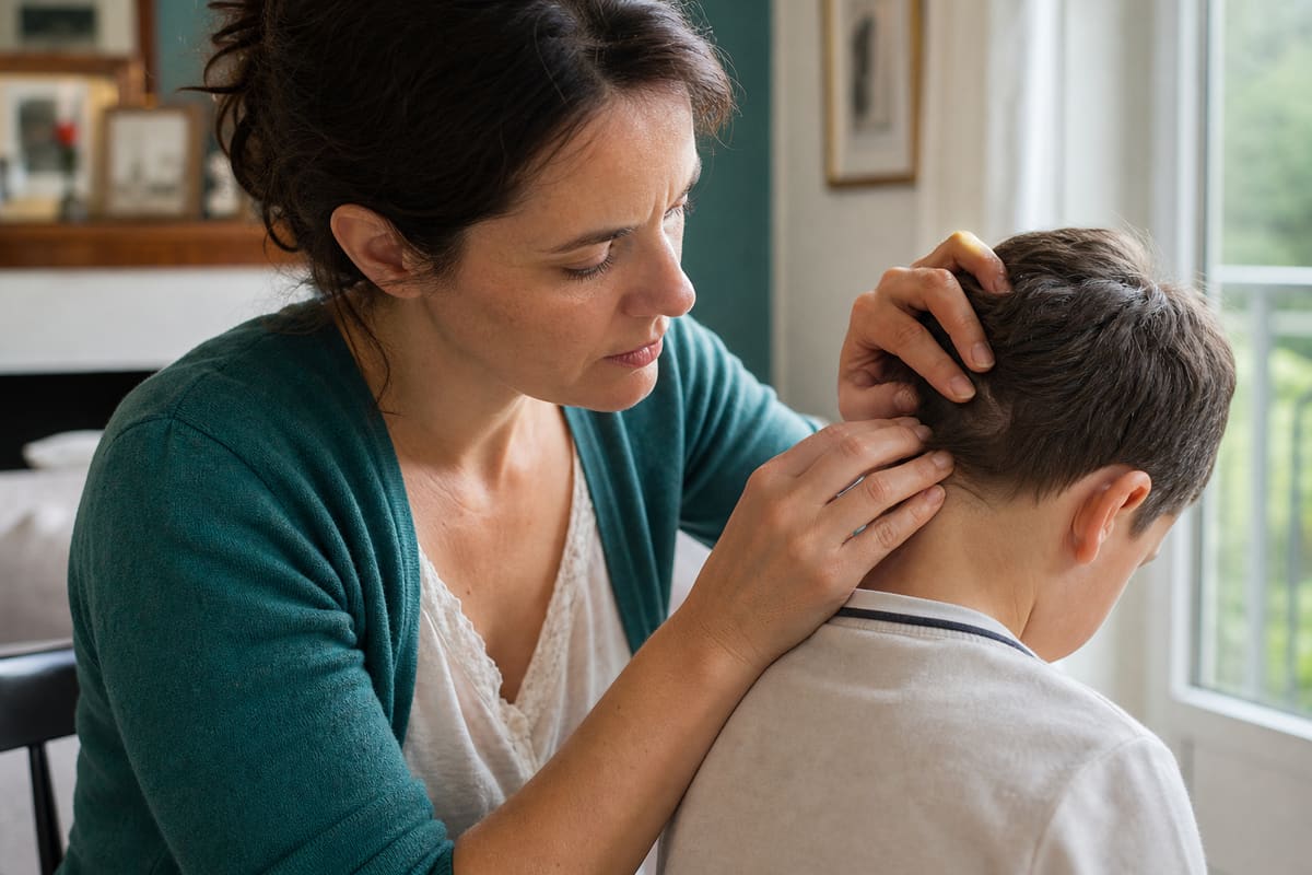 Parent inspectant le cuir chevelu de son enfant à la recherche de signes de poux