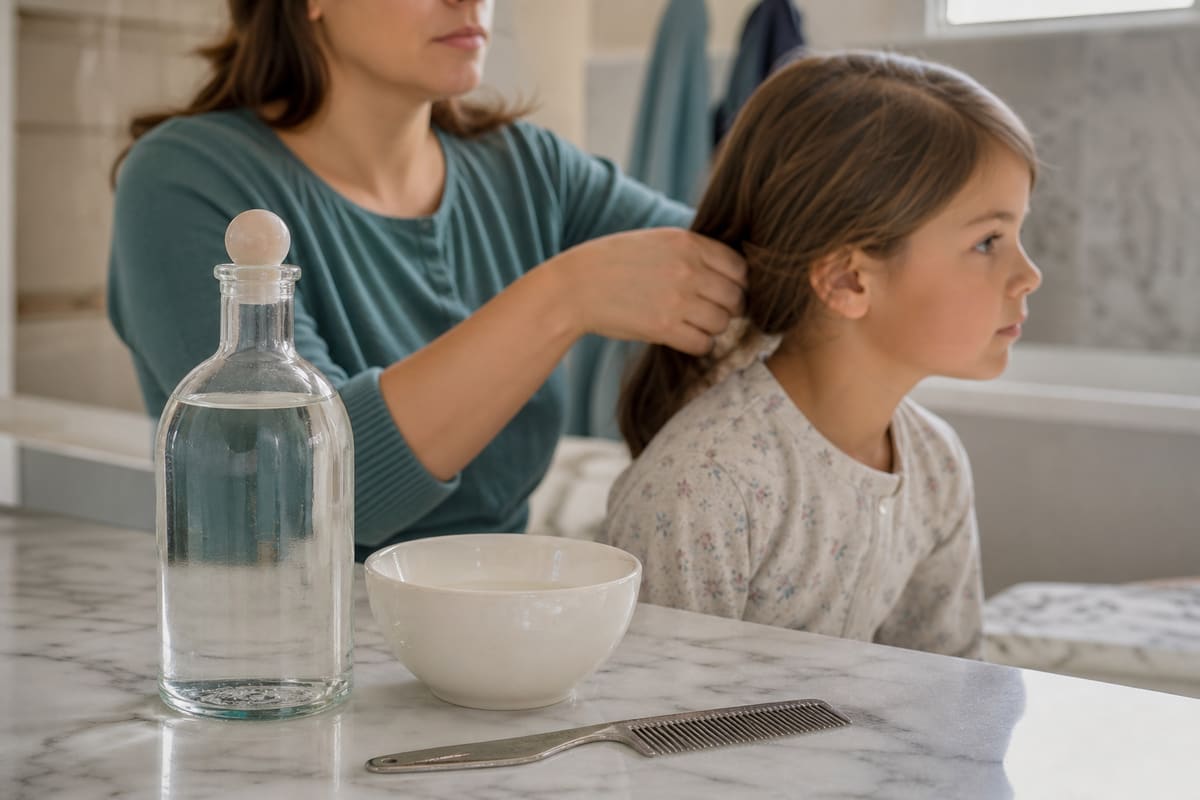 Vinaigre blanc et peigne à lentes sur un plan de salle de bain