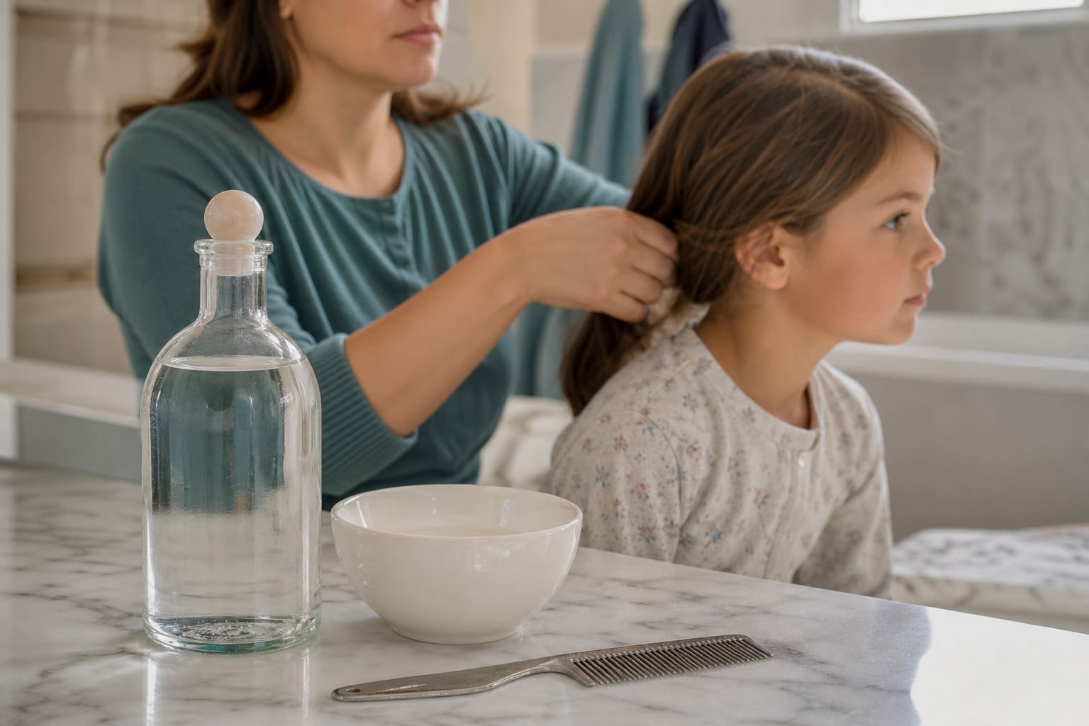 Vinaigre blanc et peigne à lentes sur un plan de salle de bain