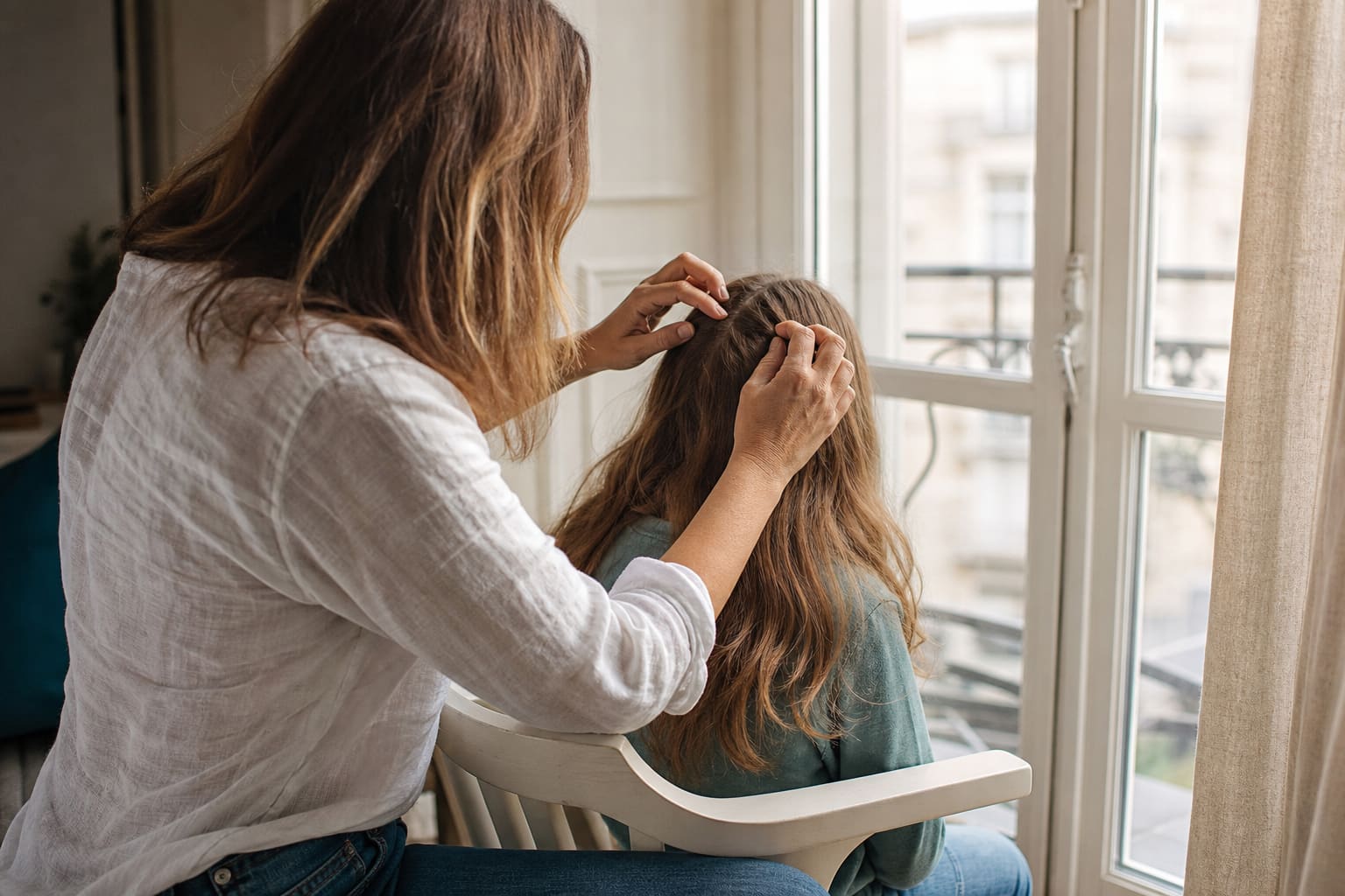 Un parent écarte délicatement les cheveux de son enfant près d'une fenêtre pour examiner le cuir chevelu