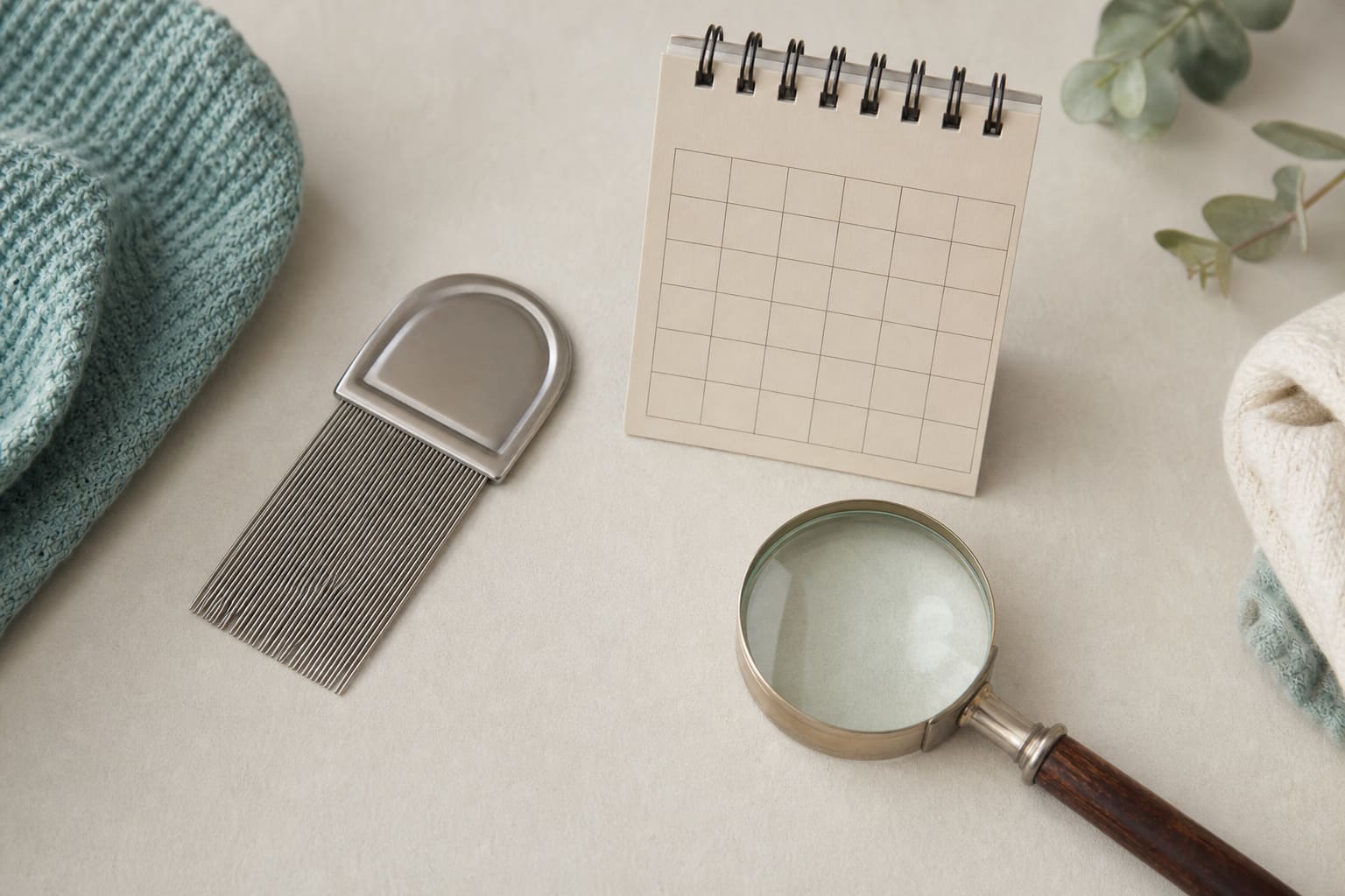 Un peigne à dents fines, un petit calendrier et une loupe posés sur un plan clair